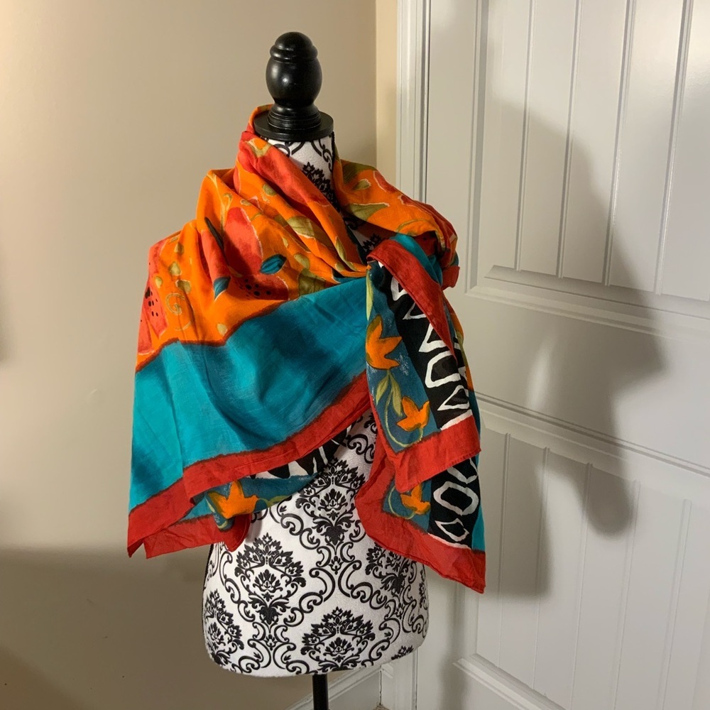 Vibrant Orange, Teal & Red Floral Scarf - Picture 2 of 5